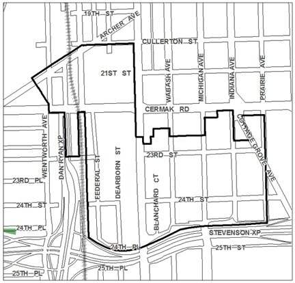 24th/Michigan TIF district map, roughly bounded on the north by Cullerton Street, the Stevenson Expressway on the south, Prairie Avenue on the east, and Wentworth Avenue on the west.